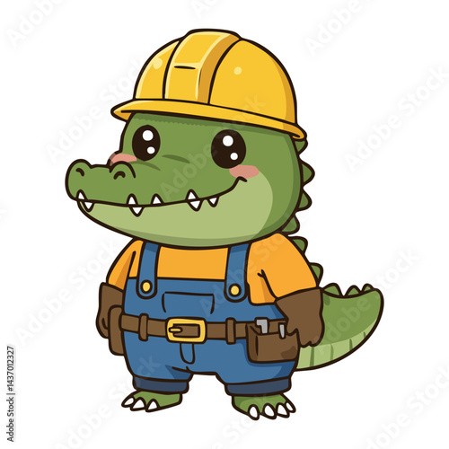 Labor day fun with a cute cartoon crocodile wearing a hard hat and worker uniform