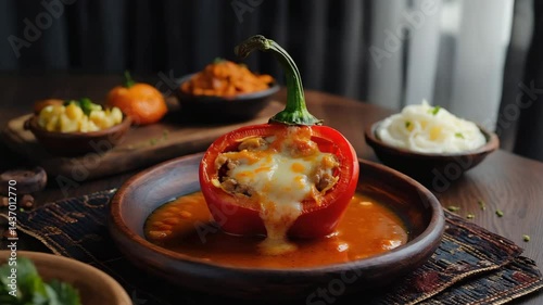Rocoto relleno, close-up of a stuffed pepper with spicy filling, vibrant colors, traditional Peruvian table setting, inviting and flavorful mood
