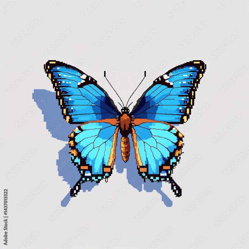 Fototapeta premium Blue Butterfly square pixel art cartoon design on plain white background illustration