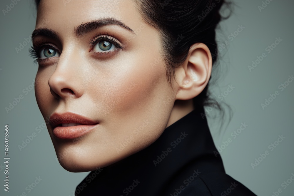 Fototapeta premium Close-up portrait of a woman with blue eyes and subtle makeup in a dark turtleneck