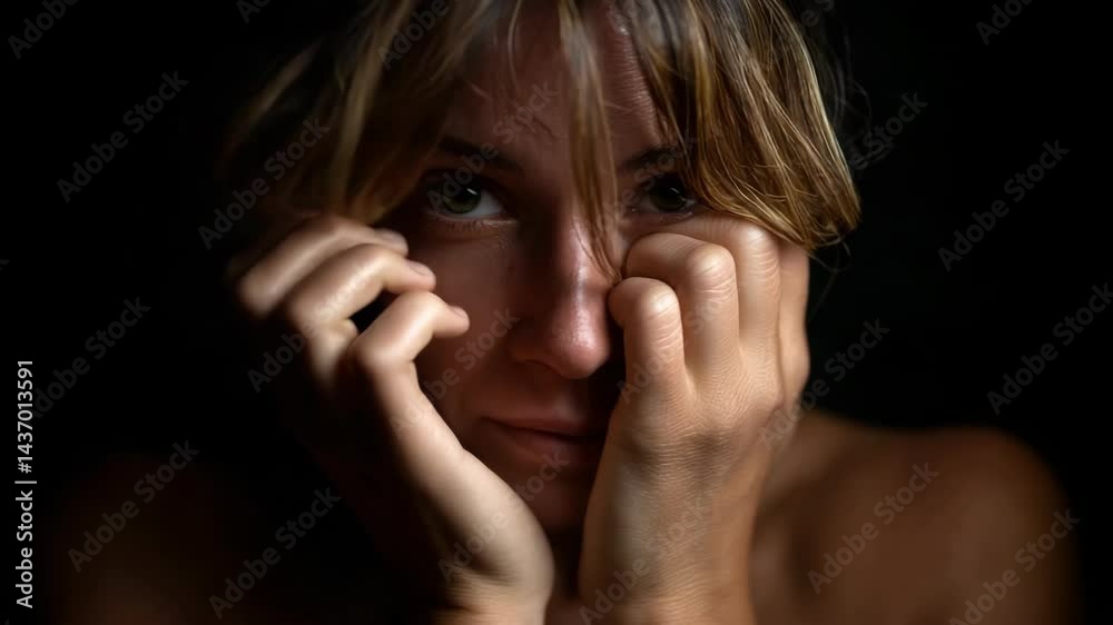 Close-up portrait of a thoughtful woman with hands near her face in dark lighting, showcasing expressive eyes and natural blonde hair. Close-up portrait of a thoughtful woman with hands near her face in dark lighting, showcasing expressive eyes and natural blonde hair.