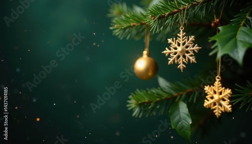 Hanging gold snowflakes on a dark green holly tree , snowflakes, holly, christmas
