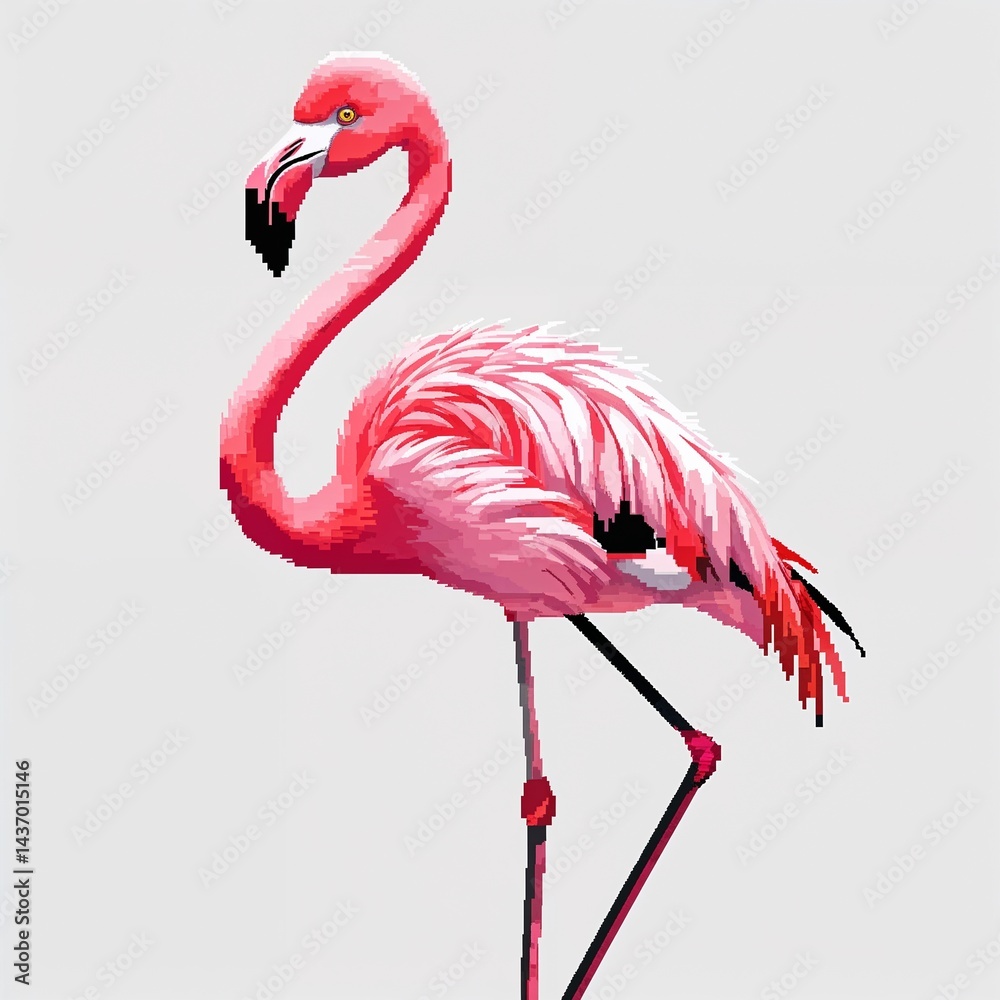 Fototapeta premium Pink Flamingo square pixel art cartoon design on plain white background illustration