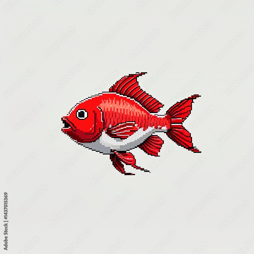 Fototapeta premium Red Fish square pixel art cartoon design on plain white background illustration