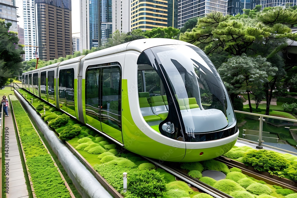 Naklejka premium Eco-friendly electric tram gliding through lush greenery in urban cityscape environment
