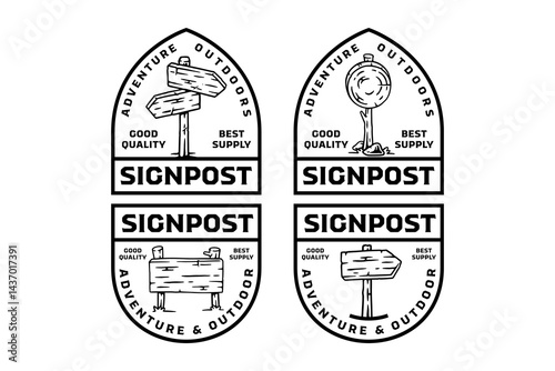 wooden signboard logo design collection for adventure and outdoor. signposts, directions sign emblem logo set. outdoor directional sign badge logo illustration bundle
