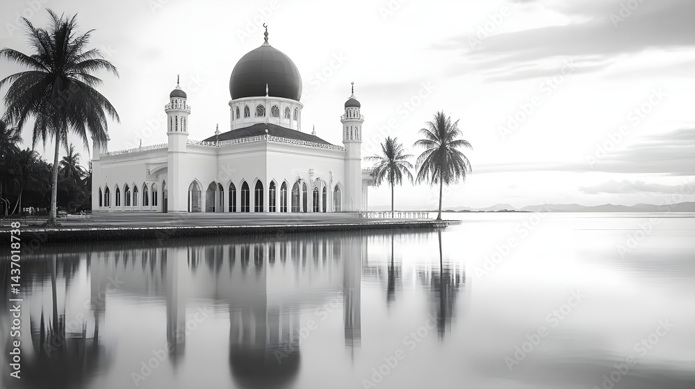 Obraz premium Black and White Image of a Mosque with Reflections and Palm Trees