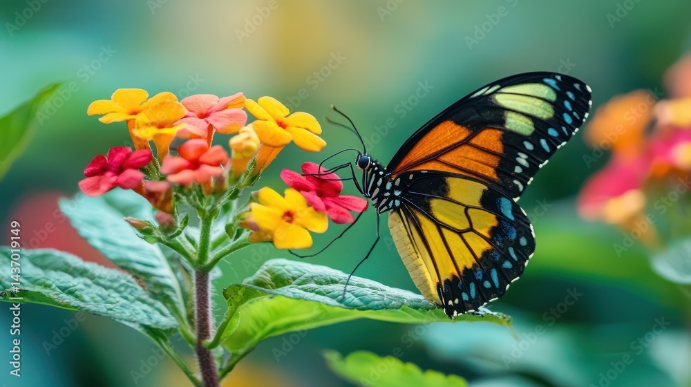 Fototapeta premium A tropical butterfly resting on a vibrant flower