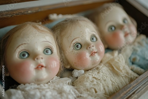 Three antique dolls with rosy cheeks and large eyes, resting peacefully in a wooden box.