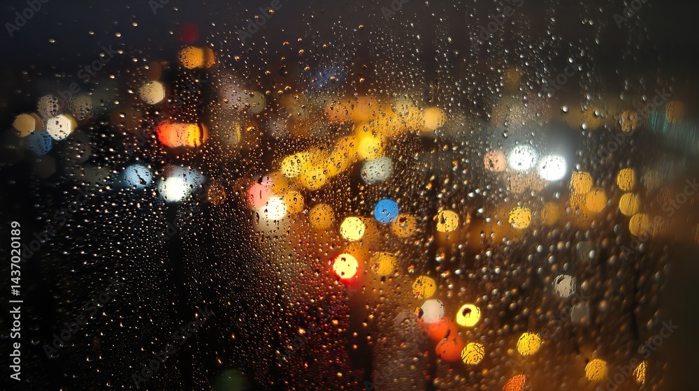 Obraz premium Captivating view of a rainy city night seen through a window covered in raindrops, with vibrant city lights creating a beautiful bokeh effect. Urban rainy evening ambiance.