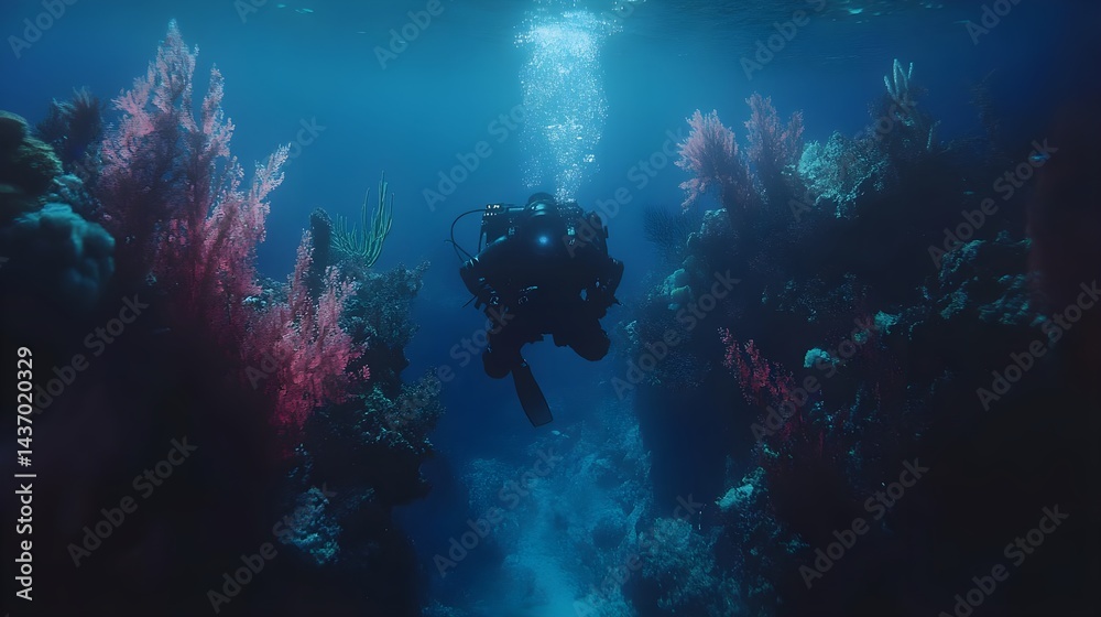 Fototapeta premium Astronaut Navigates the Underwater Depths of a Vibrant Reef