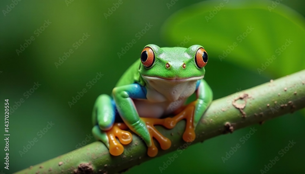 Naklejka premium Green tree frog perched on white, vibrant color , leap, tropical, nature