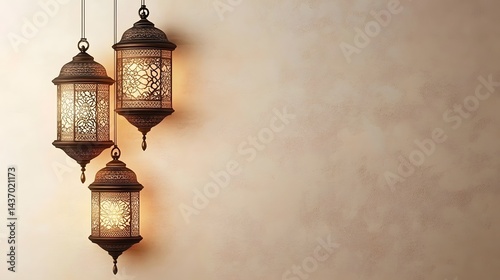 Elegant Arabic Lanterns Hanging Beige Wall Background