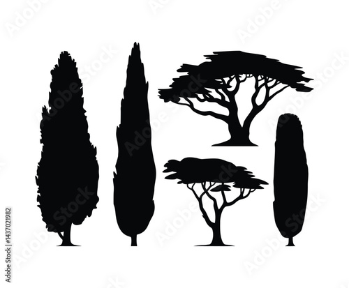 Cypress Tree Silhouette Collection Vector Set