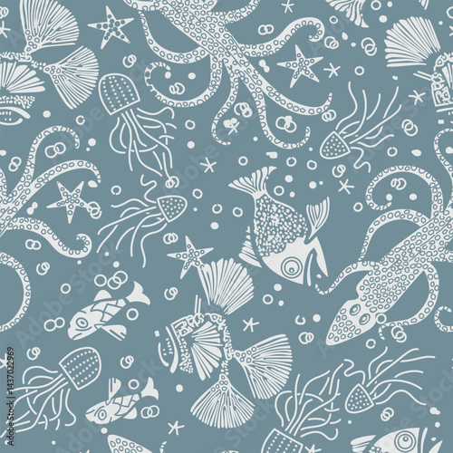 Underwater Marine Life Seamless Pattern for Textile Print for Fabric, fish conversational print pattern