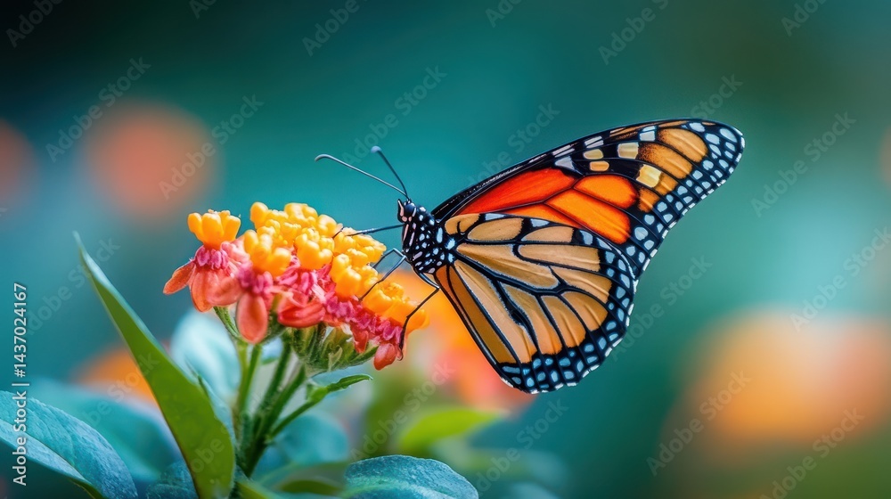 Fototapeta premium Monarch butterfly gracefully perched on bright flowers, showcasing vibrant hues