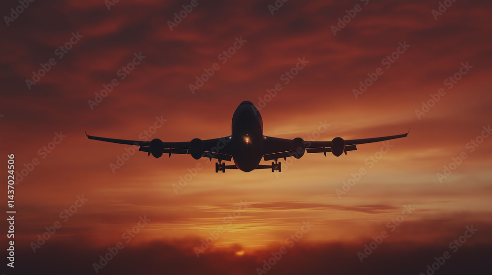 A silhouette of an airplane flying against the sky at sunset A silhouette of an airplane flying against the sky at sunset