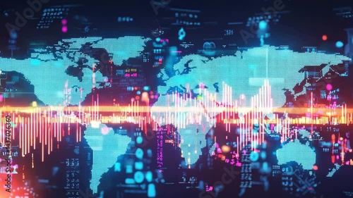 Glowing world map with digital data visualization and colorful soundwave