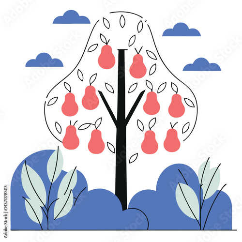 Fruit and Flowering Trees Collection olive, avocado, cherry, plum, pear, hazelnut, cashew, almond, magnolia, dogwood Illustration
