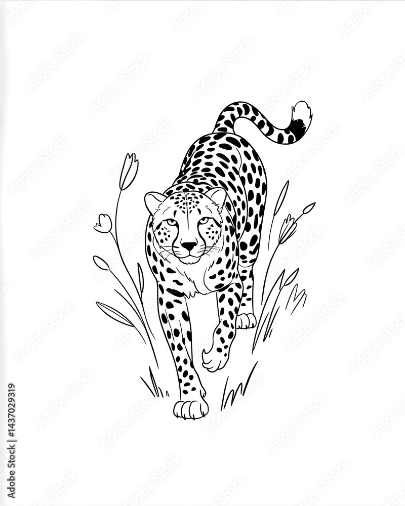 Leopard Black and White Illustration Front View Walking Pose in Tall Grass Minimalist Background Ink Sketch Style Wildlife Art Leopard Black and White Illustration Front View Walking Pose in Tall Grass Minimalist Background Ink Sketch Style Wildlife Art