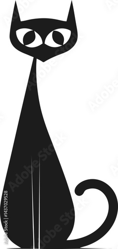 Stylized black cat seated with curly tail