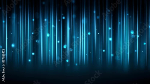 Abstract glowing blue vertical lines and bokeh light streaks on dark background.