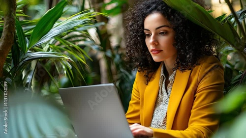 Woman in Yellow Blazer with Curly Hair Working on Laptop Surrounded by Lush Green Plants