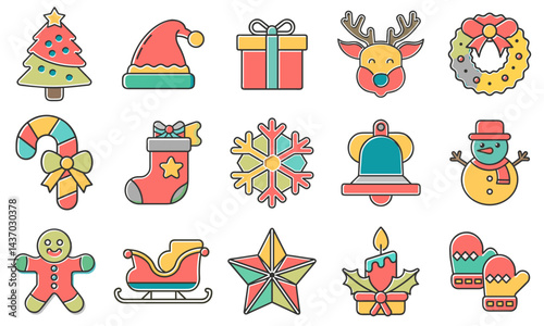 Christmas icons collection in colorful vector style for holiday designs