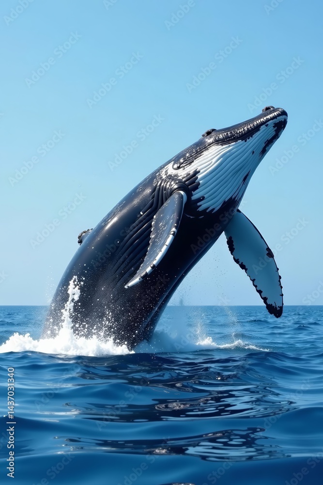 Fototapeta premium Giant humpback whale breaching in European waters, mammal, aerial view