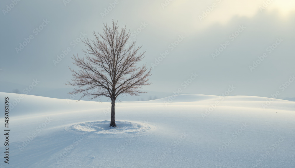 Fototapeta premium Solitary tree stands gracefully in snowy landscape, surrounded by soft, undulating hills of white snow under serene, cloudy sky. tranquil scene evokes sense of peace and solitude