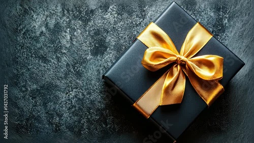 Black Gift Box with Golden Ribbon on Textured Dark Background for Present Ideas