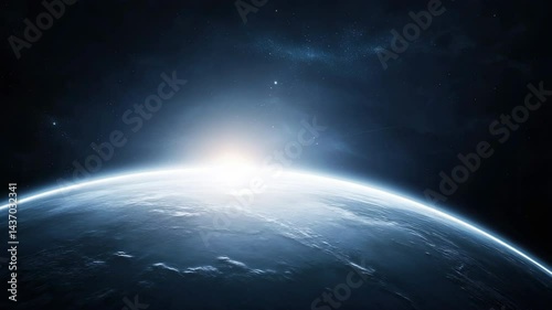 Earth horizon with glowing sunrise in space, surrounded by stars and serene atmosphere.