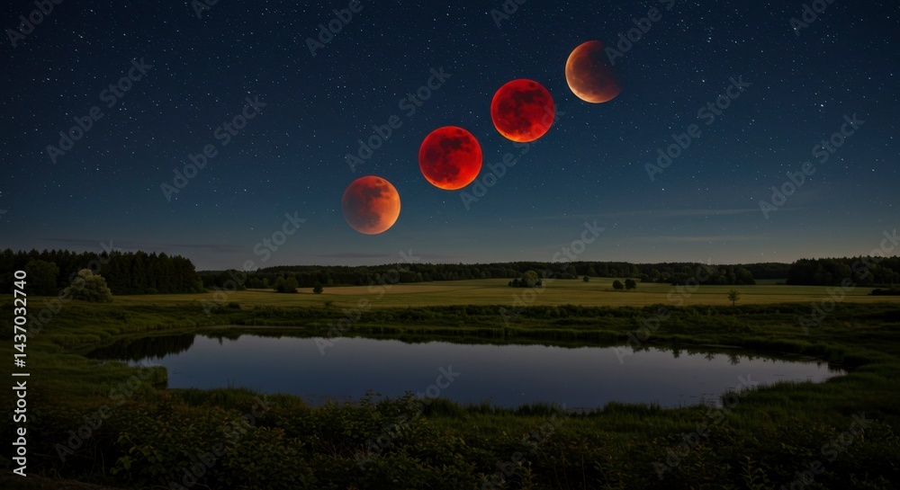Obraz premium Lunar eclipse sequence over a tranquil lake
