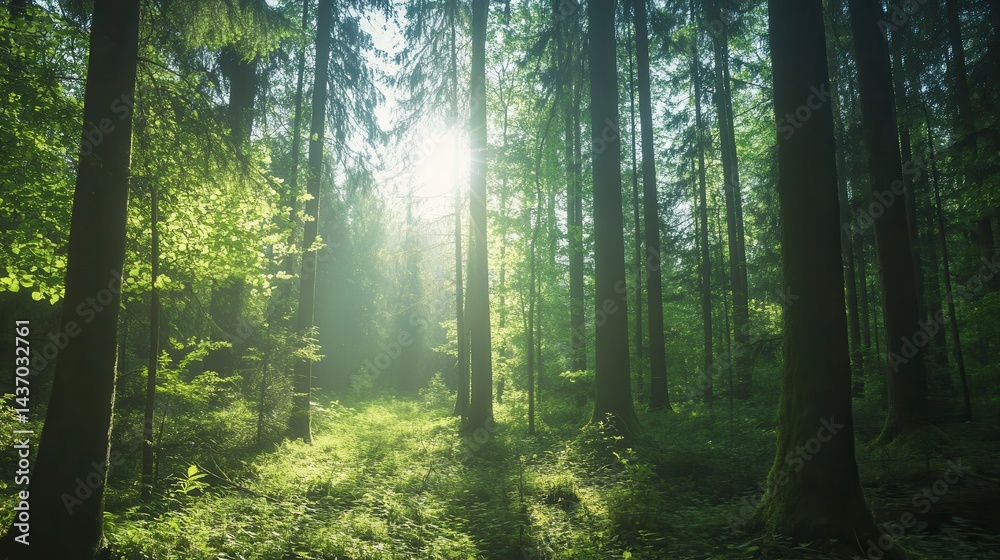 Obraz premium Sunbeams illuminate a lush, green forest with tall trees and mossy undergrowth.