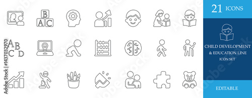 Child development and education line icons set, perfect for kids learning, childcare, growth, teaching apps, parenting websites, and educational materials. Editable, minimalist, and modern design