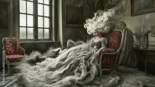 Artistic scene of woman seated in ornate chair wearing long dress and white hair with ghostly figure in old interior