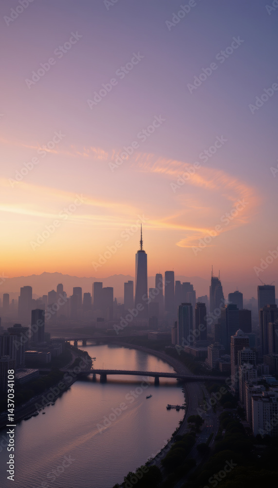 Fototapeta premium Stunning city skyline at dawn showcases tall buildings silhouetted against colorful sky, reflecting beautifully on calm river below. scene evokes sense of tranquility and urban beauty