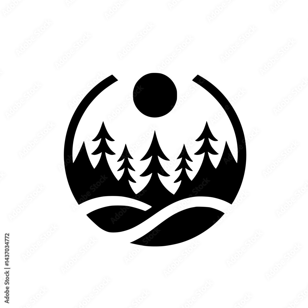 Obraz premium Minimalist Black & White Forest Logo: Nature, Adventure, Outdoors