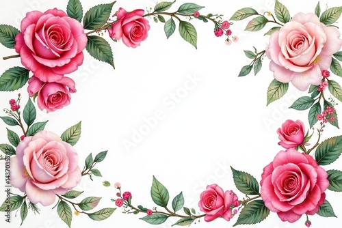 Intricate watercolor roses & leaves, swirling design, botanical, bloom, red