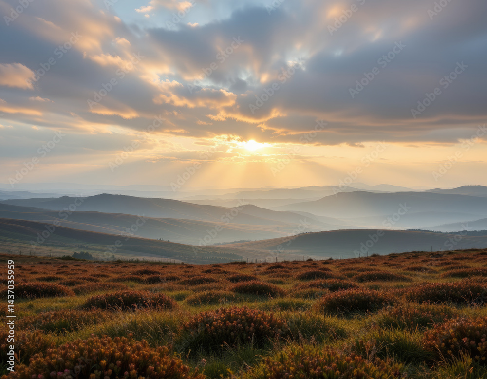 Fototapeta premium Breathtaking landscape featuring rolling hills and vibrant sunset, with soft rays of light breaking through clouds, creating serene atmosphere