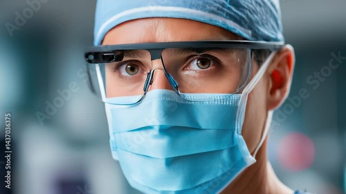 Focused Surgeon Wearing Smart Glasses and Surgical Mask in Medical Setting for Advanced Procedures