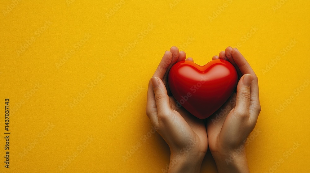 Fototapeta premium Hands holding a red heart on yellow background