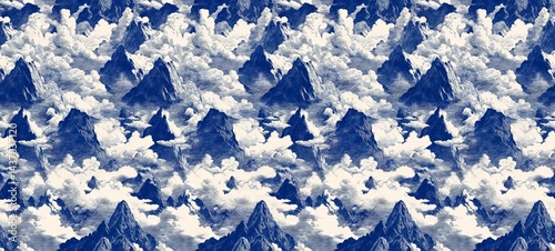 Dark Blue Ink Mountains with Light Cloud Sky Background