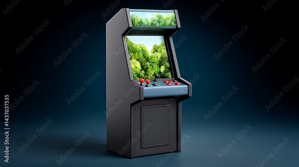 Fototapeta premium A classic arcade cabinet with a screen displaying a lush, green forest