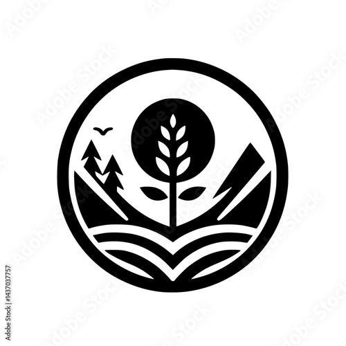 Minimalist Nature Logo: Wheat, Mountains, Bird in Circle