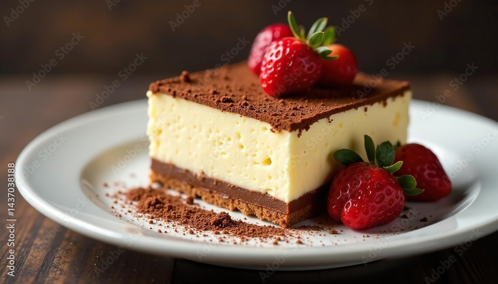 Rich cocoa dusted tiramisu, elegant presentation, perfect texture , top view, cooking Rich cocoa dusted tiramisu, elegant presentation, perfect texture , top view, cooking