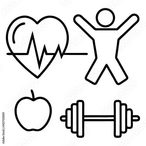 Health and wellness icons — heart rate, yoga pose, dumbbell, apple vector illustration on isolated transparent background

