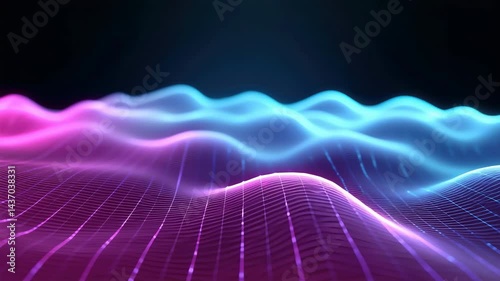Abstract glowing neon waves in vibrant pink and blue hues on dark background.