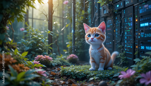 Cat relaxing in a garden full of colorful flowers photo