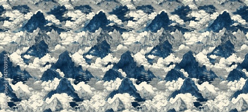 Traditional Ink Landscape with Majestic Peaks and Gray Sky